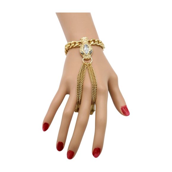 New Women Gold Fashion Bracelet Metal Hand Chain Connected Ring Bling Snake Head - Picture 4 of 17